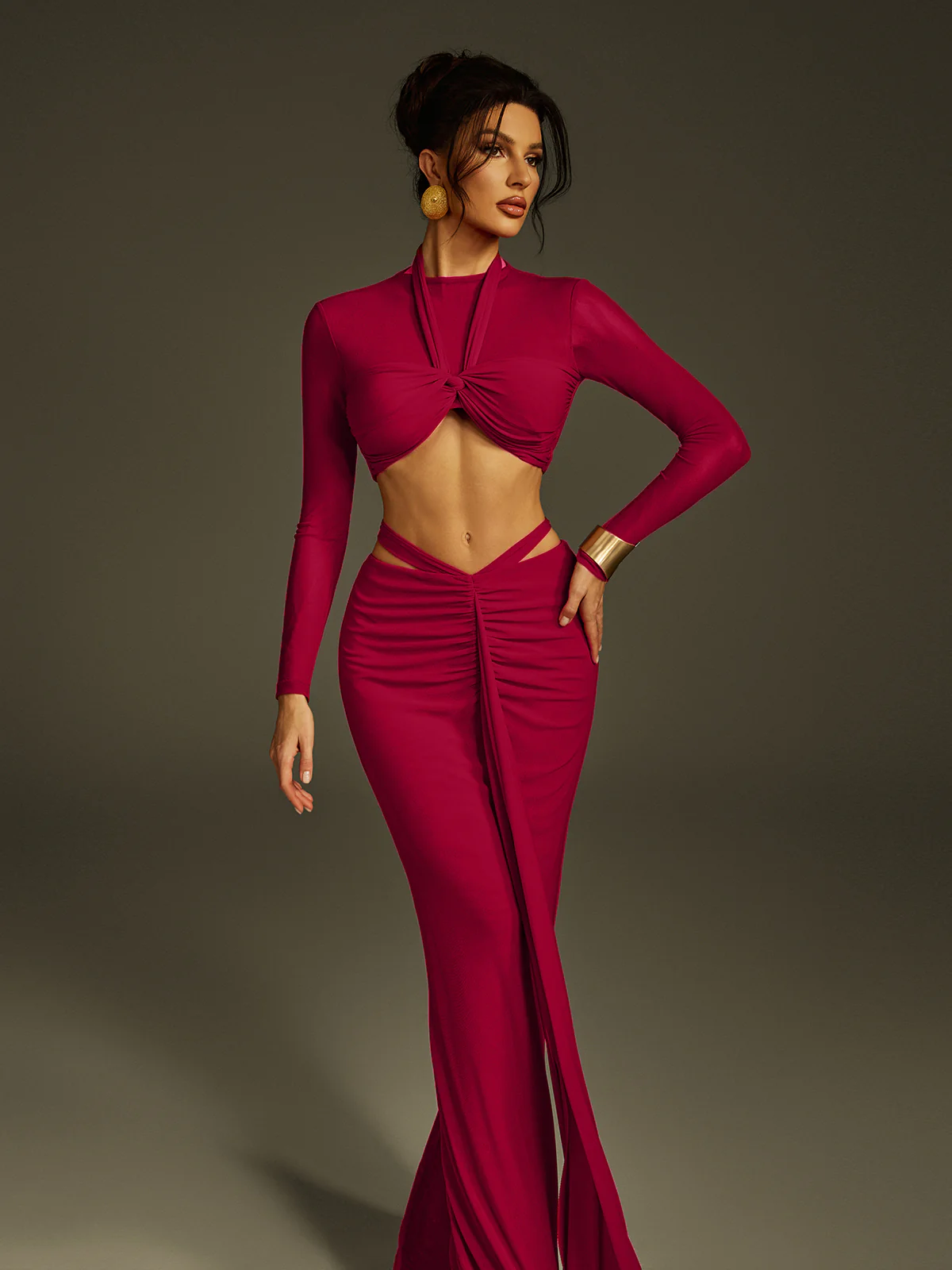 Pryssa Long Sleeve Ruched Draped Skirt Set - Image 3
