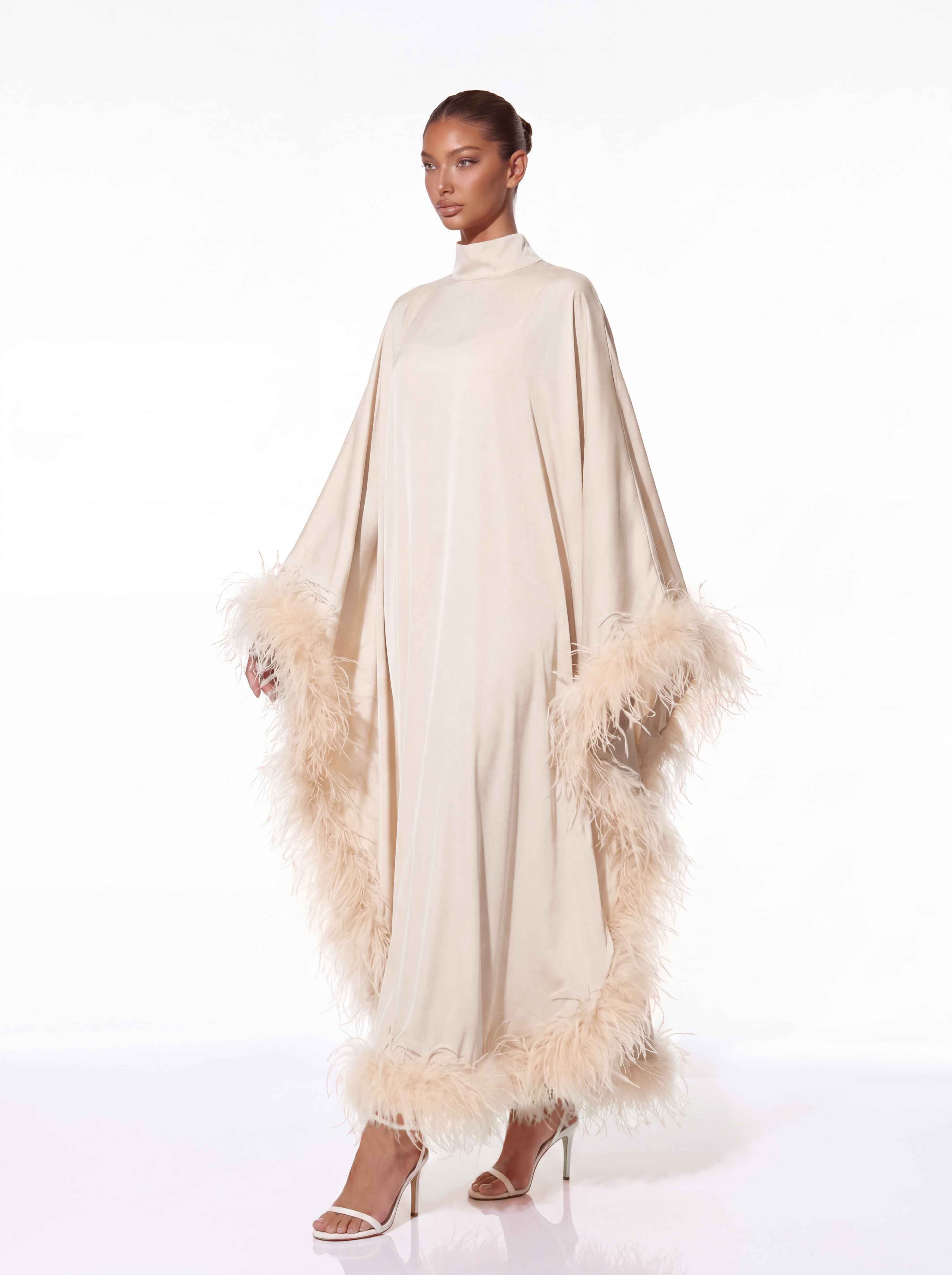 Pyndralor Bat Sleeve Feather Dress Set