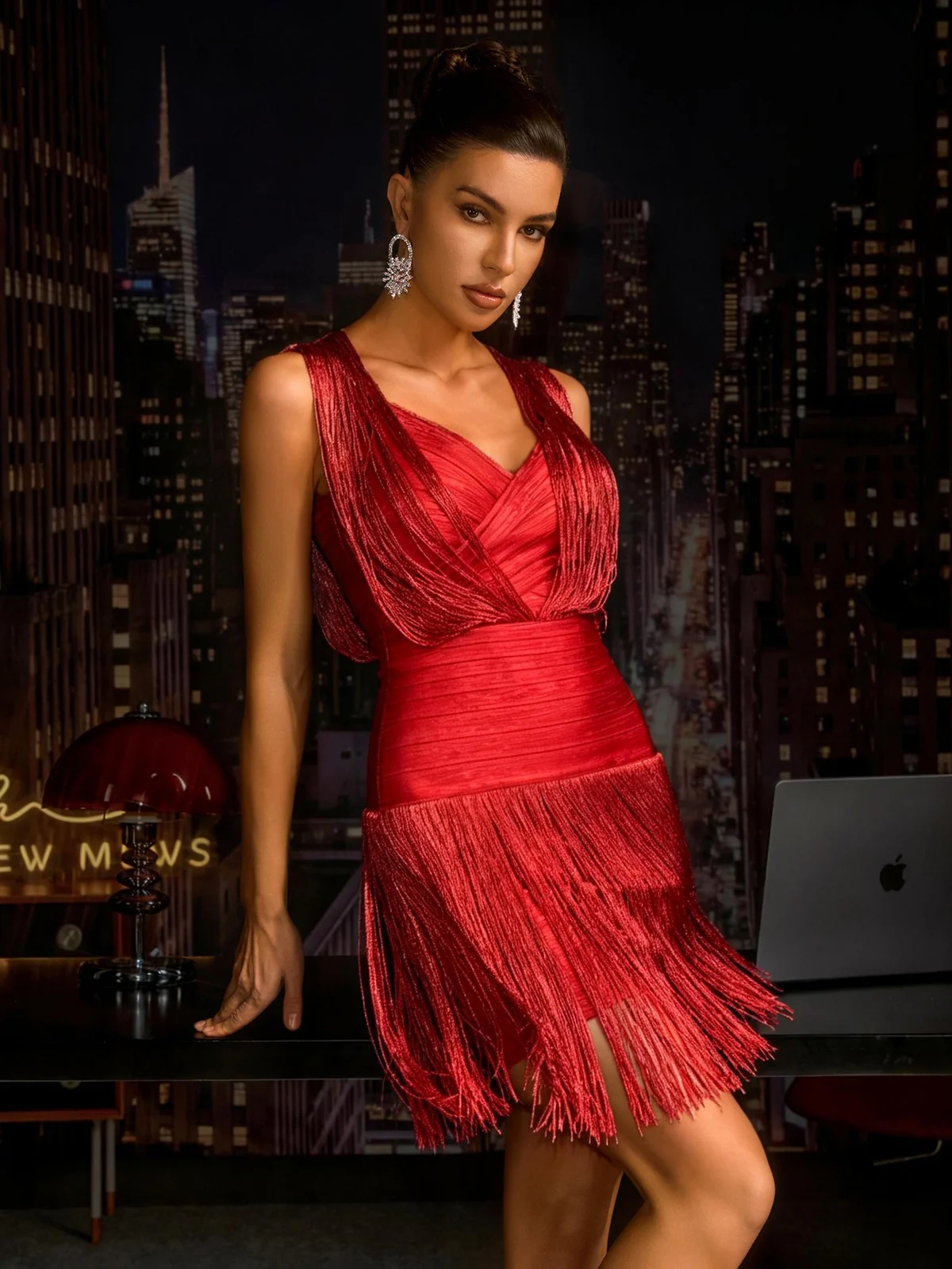 Zavelyn V Neck Fringe Bandage Mini Dress In Red - Image 3