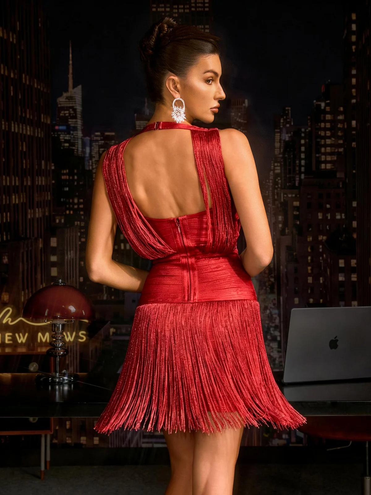 Zavelyn V Neck Fringe Bandage Mini Dress In Red - Image 6