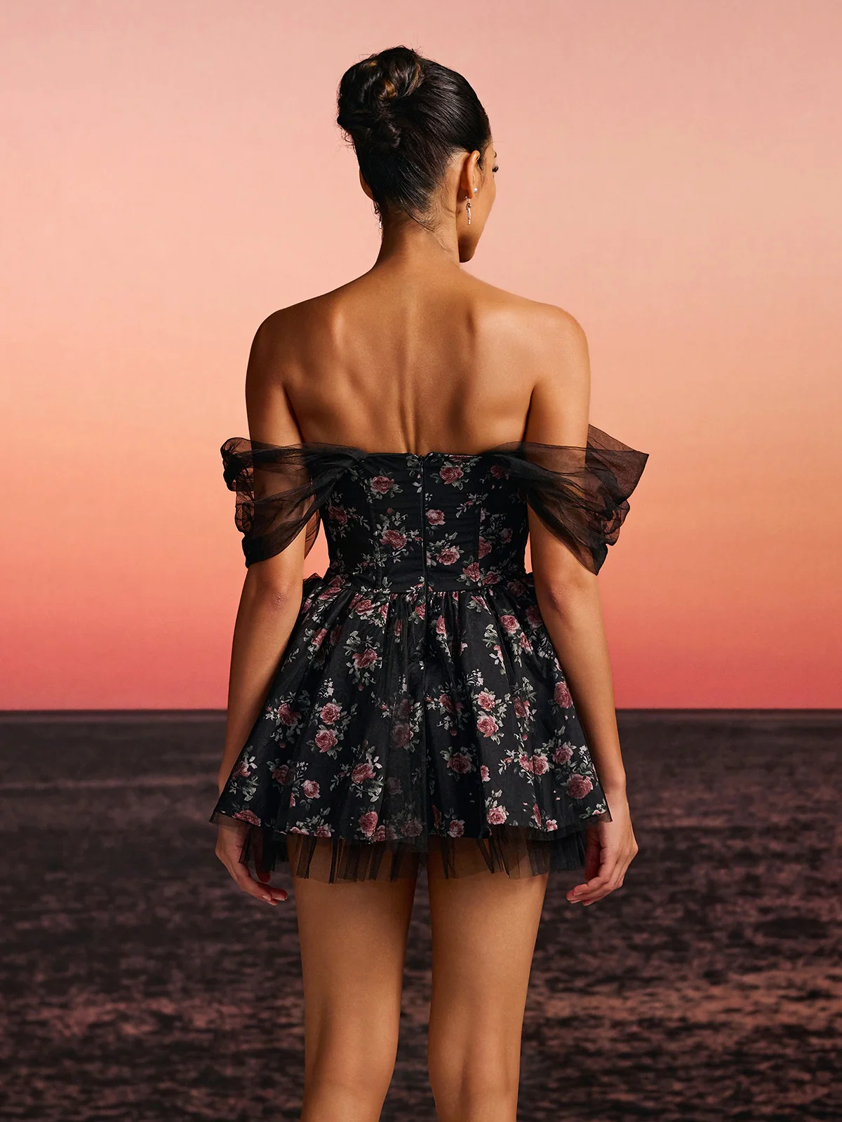 Quaris Off Shoulder Flower Tulle Mini Dress In Black - Image 6