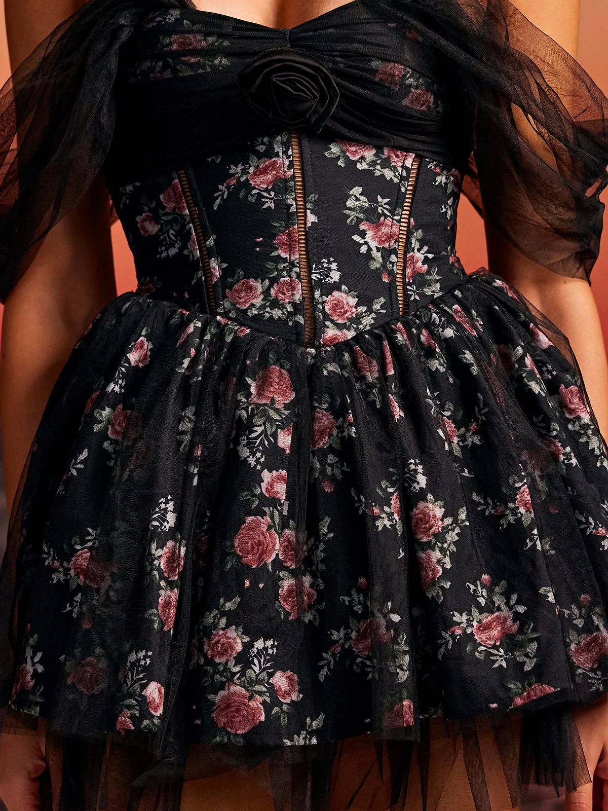 Quaris Off Shoulder Flower Tulle Mini Dress In Black - Image 7