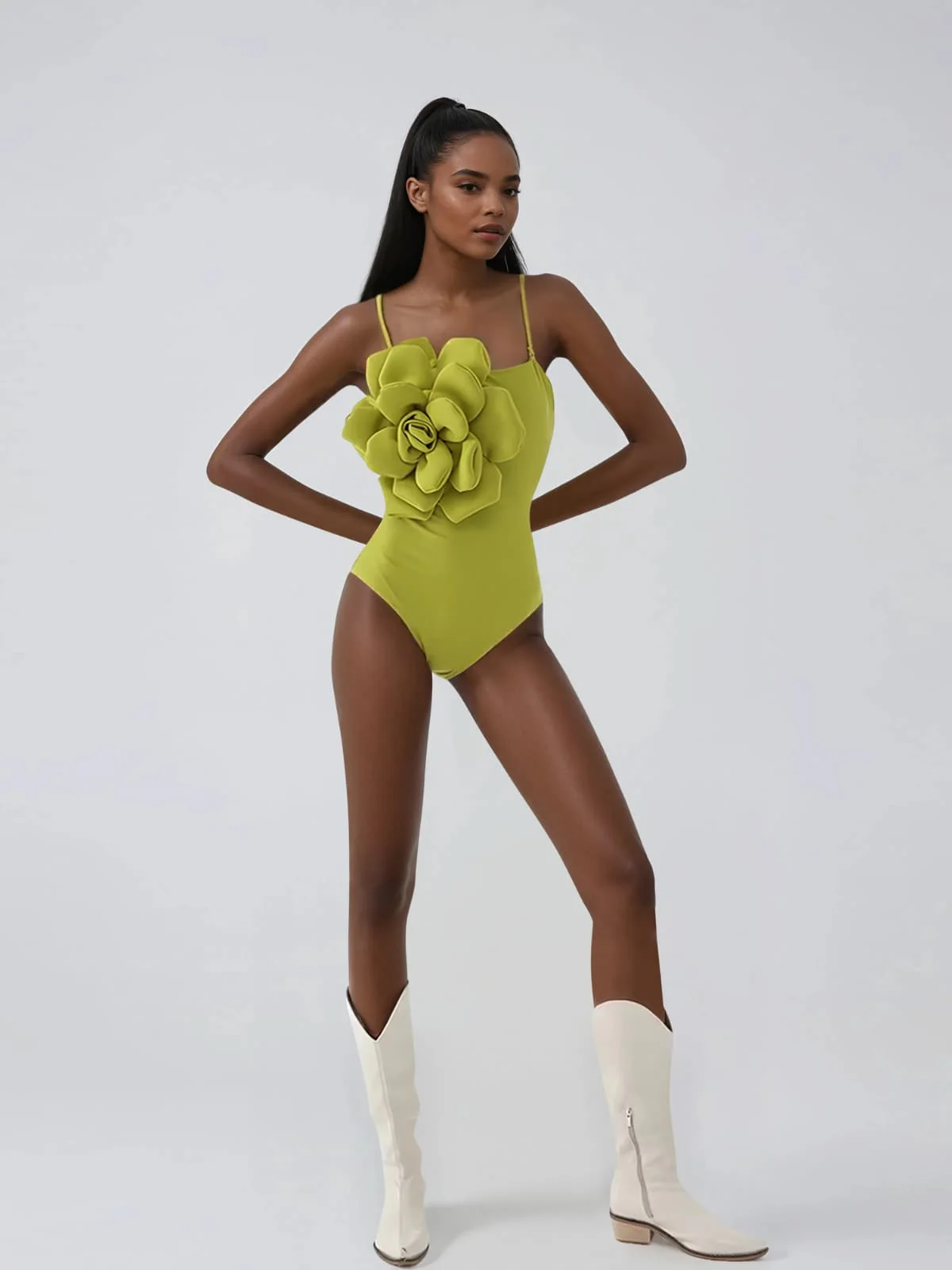 Quendil Spaghetti Flower Bodysuit In Chartreuse