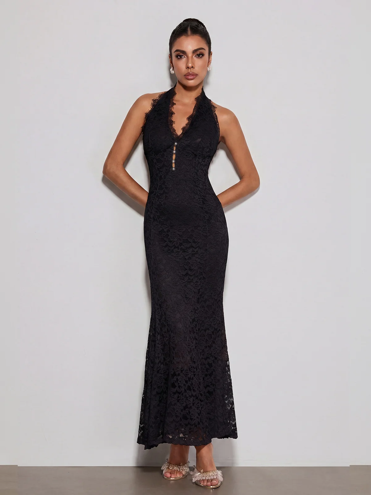 Quorveth Halterneck Lace Maxi Dress In Black