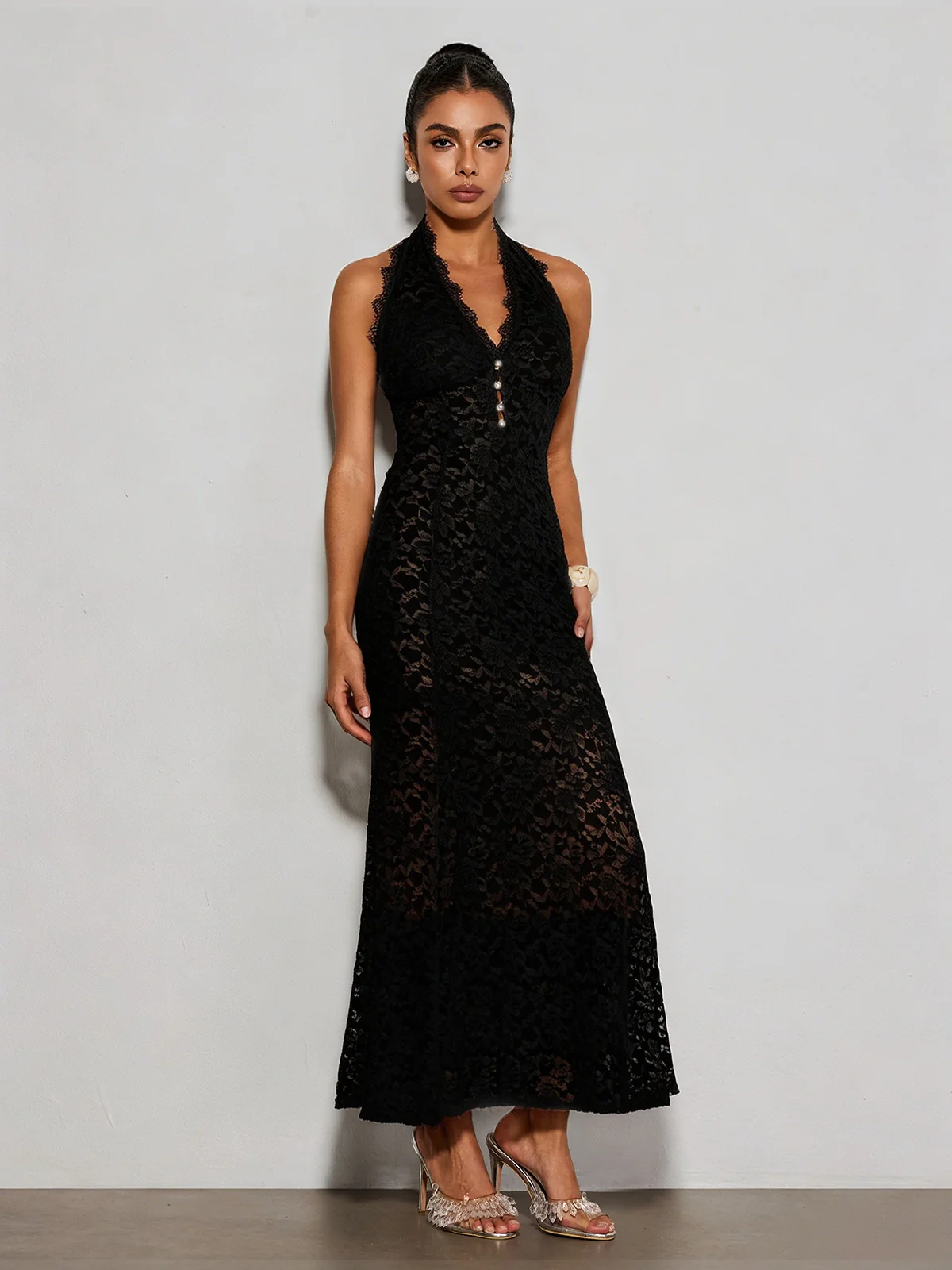 Quorveth Halterneck Lace Maxi Dress In Black - Image 2