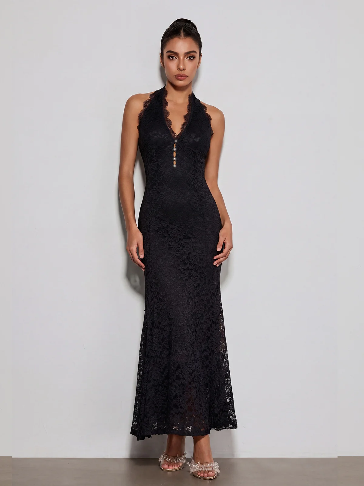 Quorveth Halterneck Lace Maxi Dress In Black - Image 3