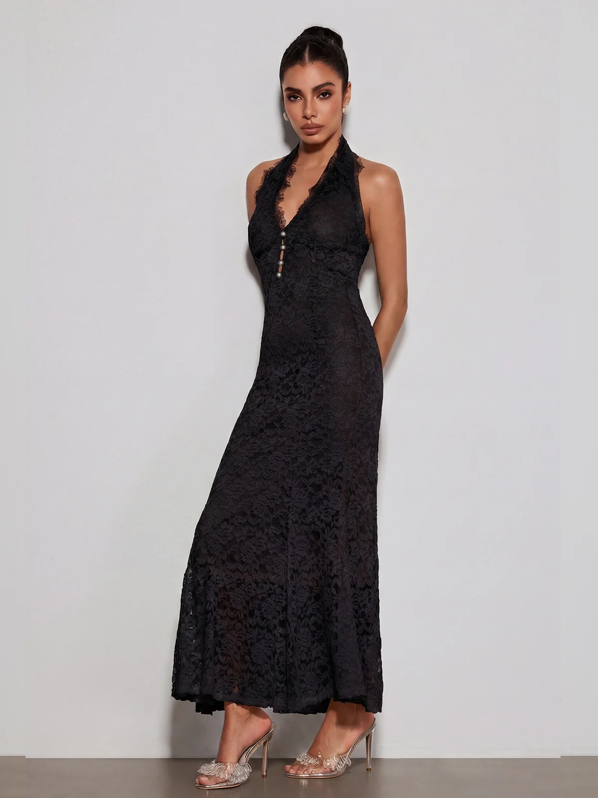 Quorveth Halterneck Lace Maxi Dress In Black - Image 4