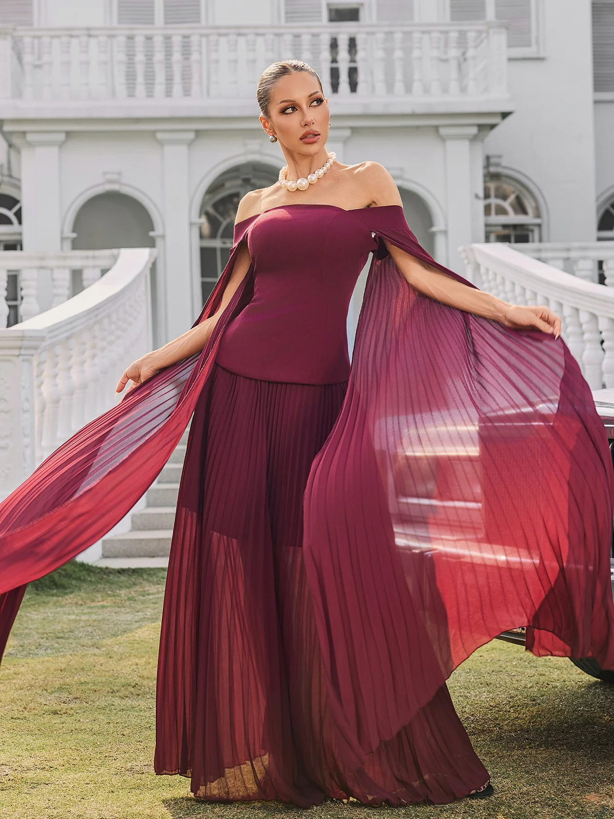 Qyressa Off Shoulder Pleated Maxi Dress - Image 4