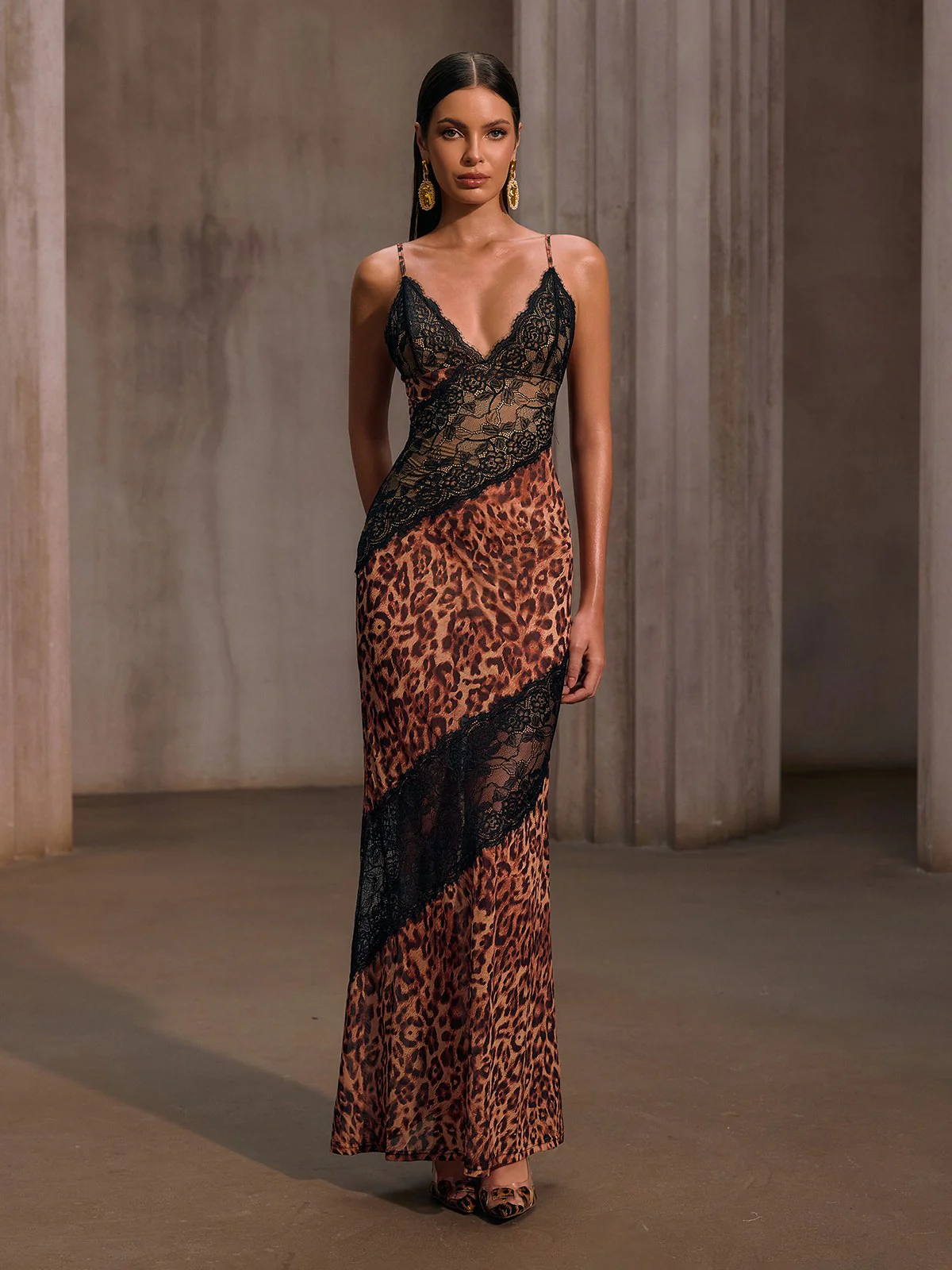 Raelira Spaghetti Lace Leopard Maxi Dress In Brown - Image 4