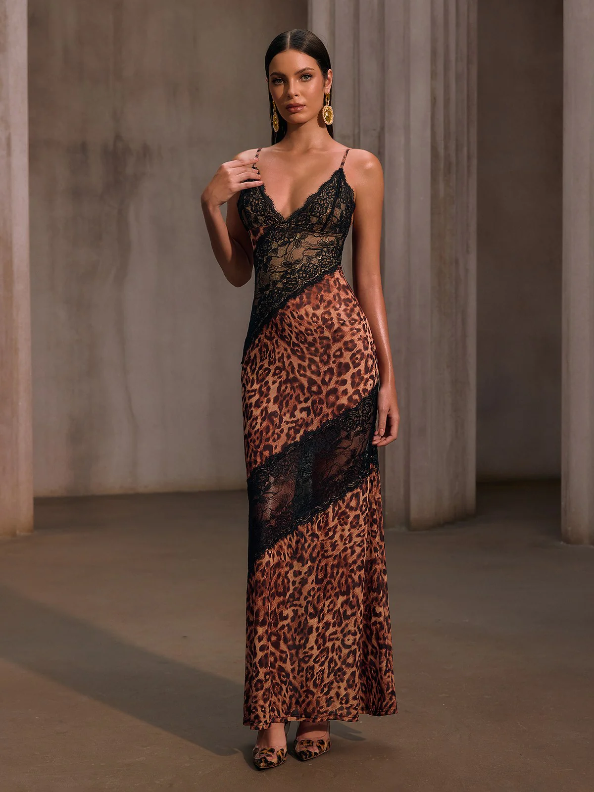 Raelira Spaghetti Lace Leopard Maxi Dress In Brown - Image 5
