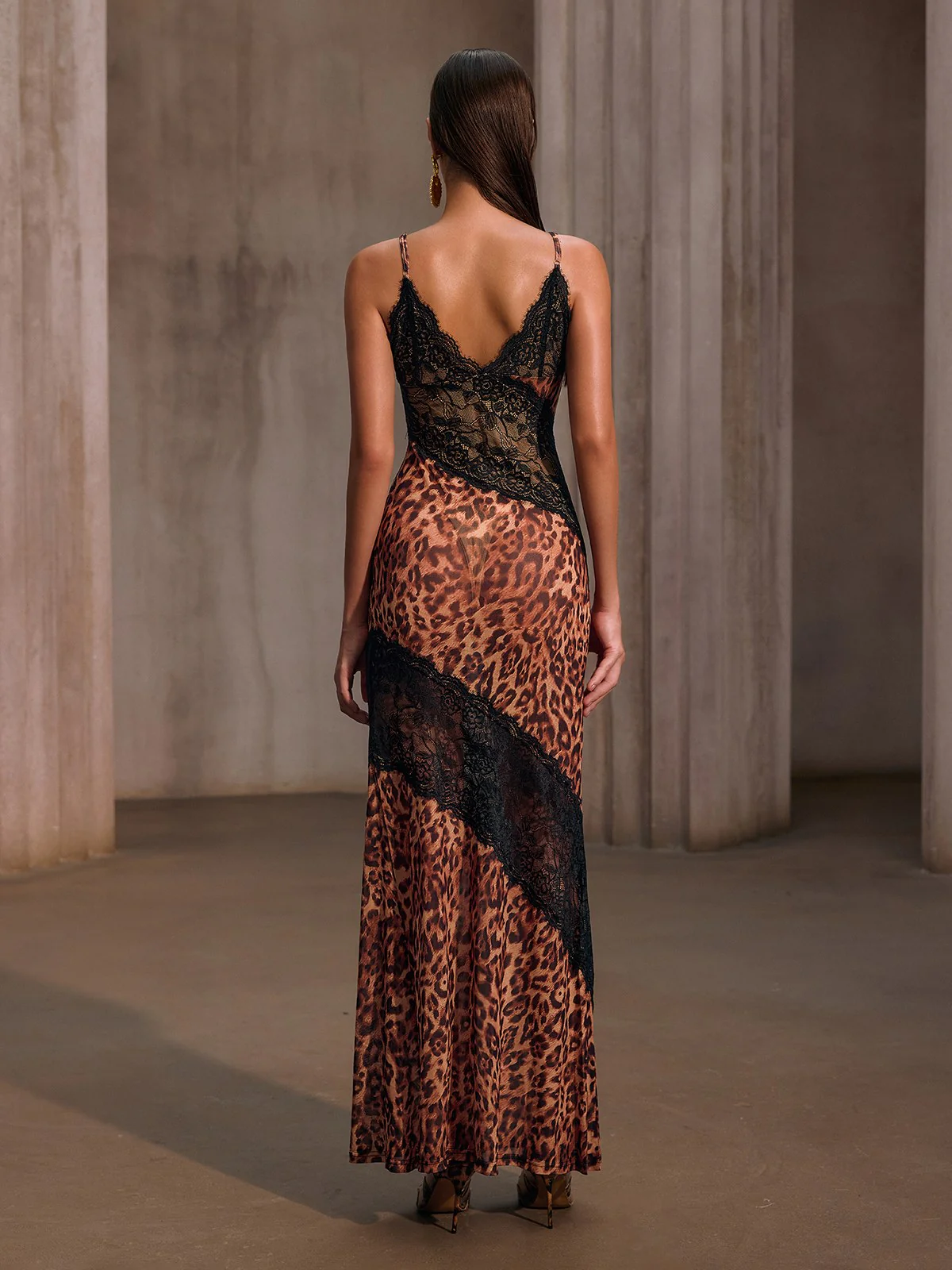 Raelira Spaghetti Lace Leopard Maxi Dress In Brown - Image 6