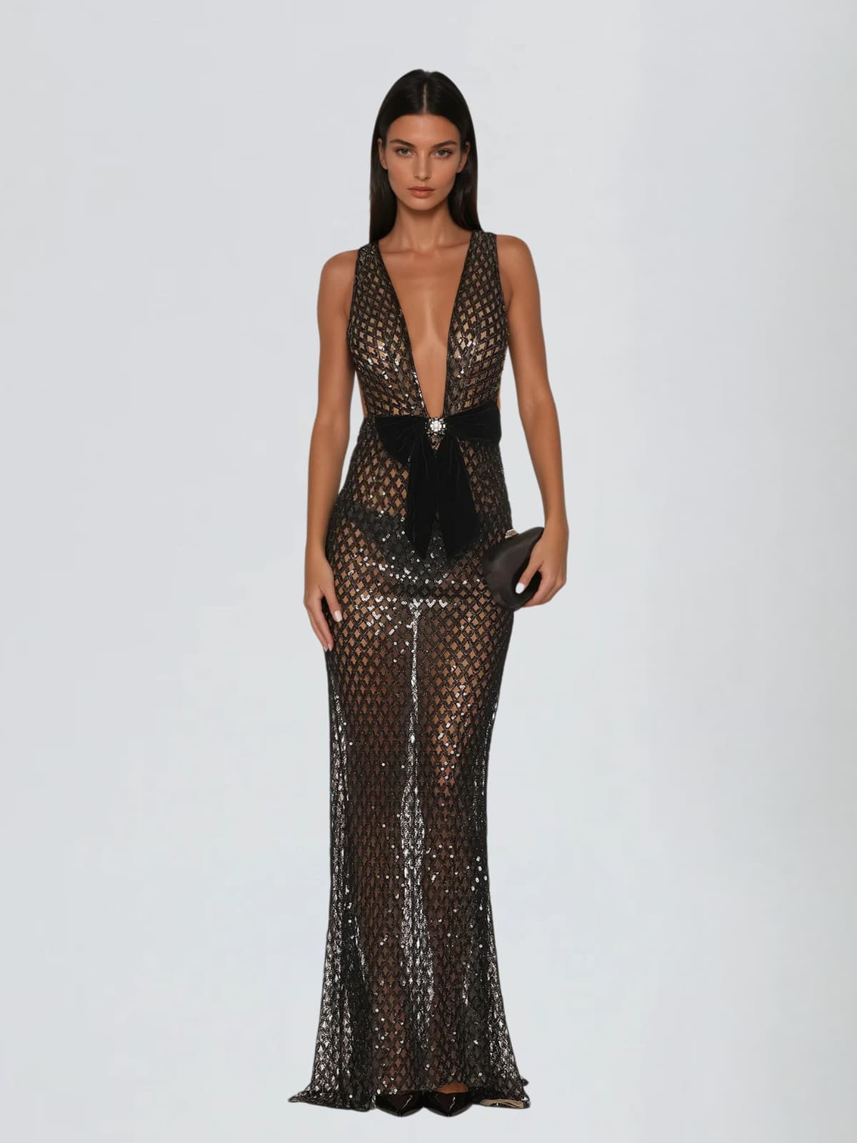 Raziya V Neck Bow Sequin Maxi Dress In Black