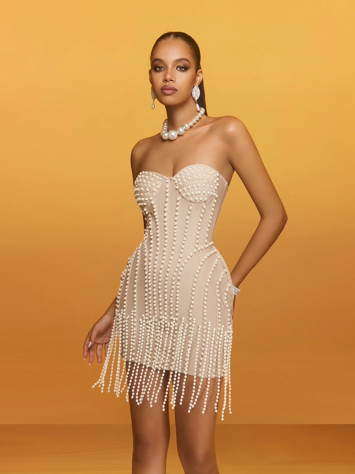 Reika Strapless Pearl Fringe Bandage Mini Dress - Image 2