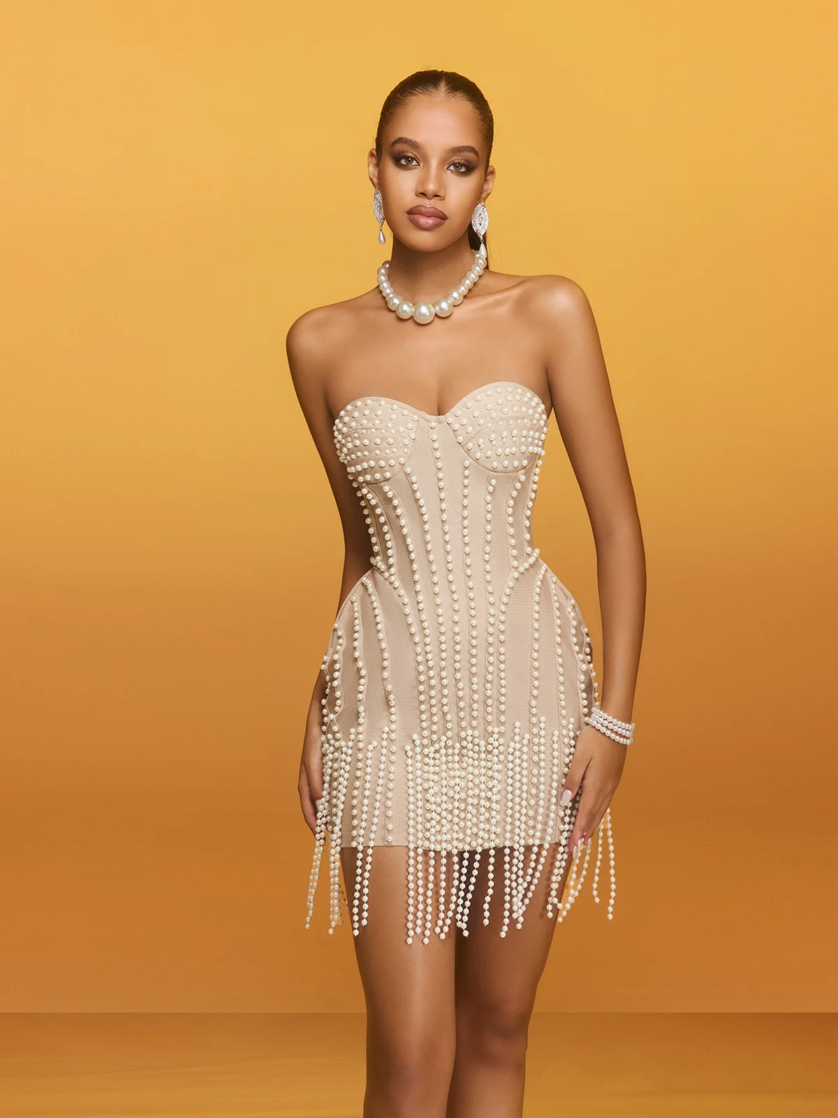 Reika Strapless Pearl Fringe Bandage Mini Dress - Image 4