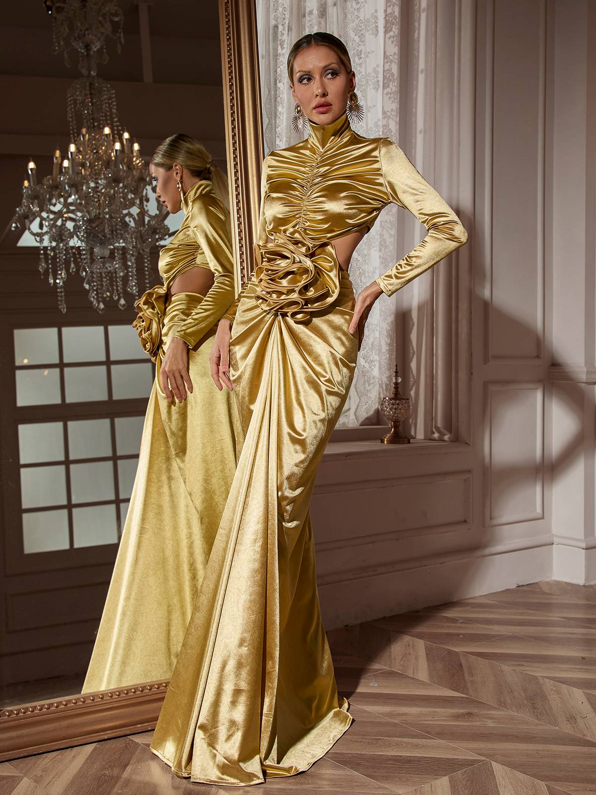 Renwick Long Sleeve Flower Cutout Maxi Dress In Gold - Image 2