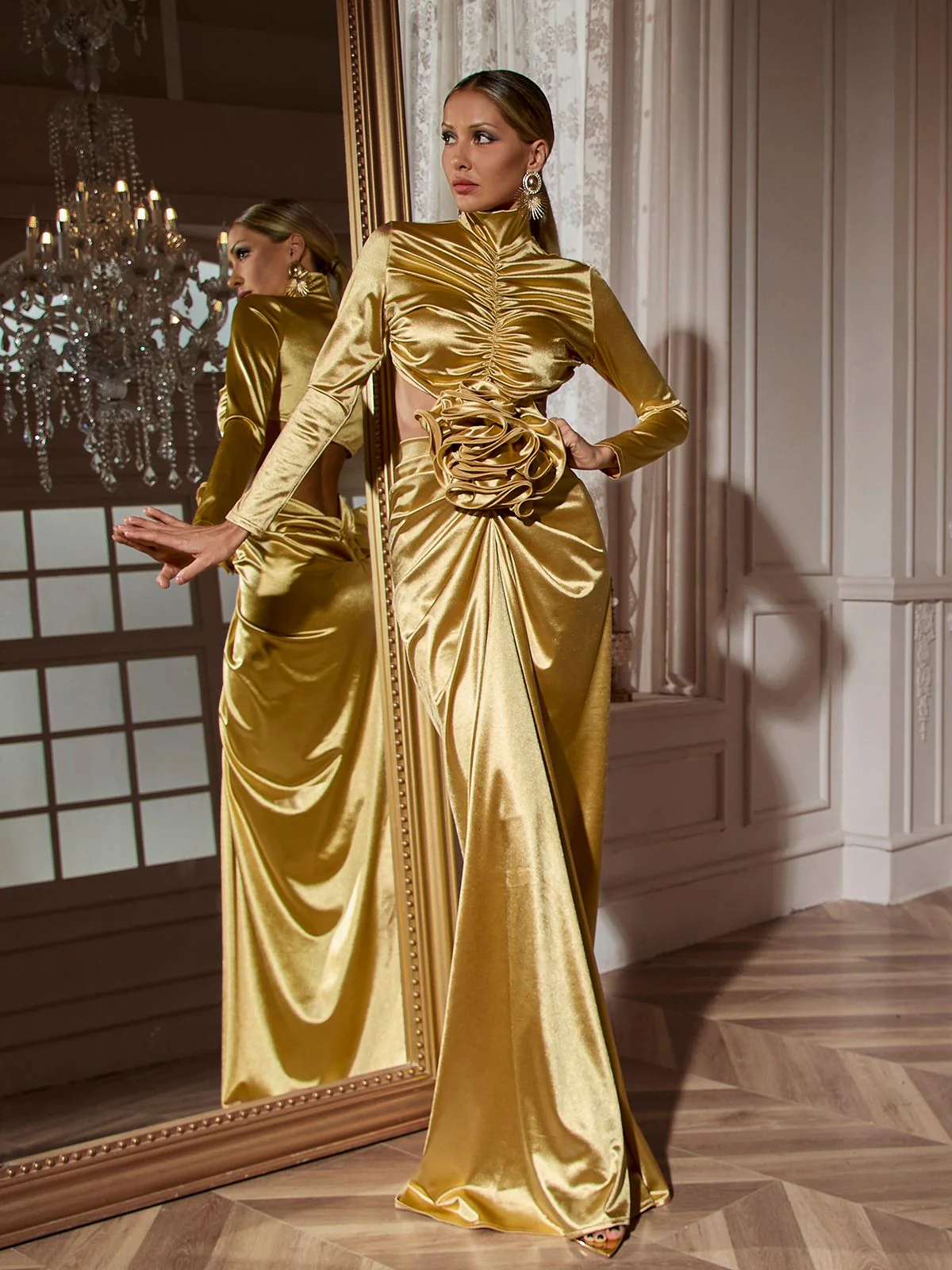 Renwick Long Sleeve Flower Cutout Maxi Dress In Gold - Image 4
