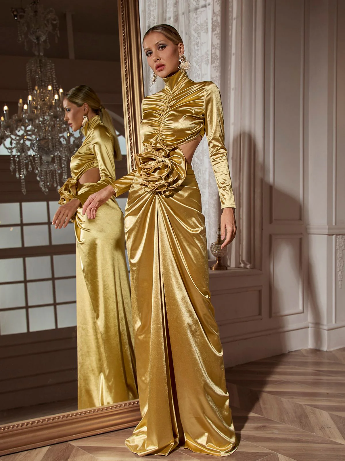Renwick Long Sleeve Flower Cutout Maxi Dress In Gold - Image 5