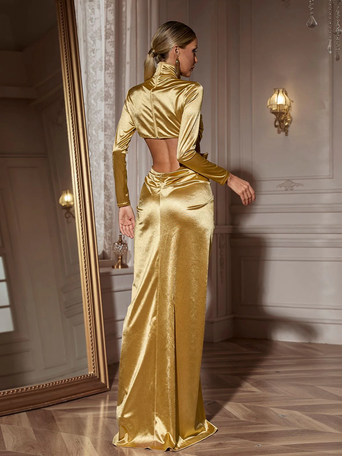 Renwick Long Sleeve Flower Cutout Maxi Dress In Gold - Image 6