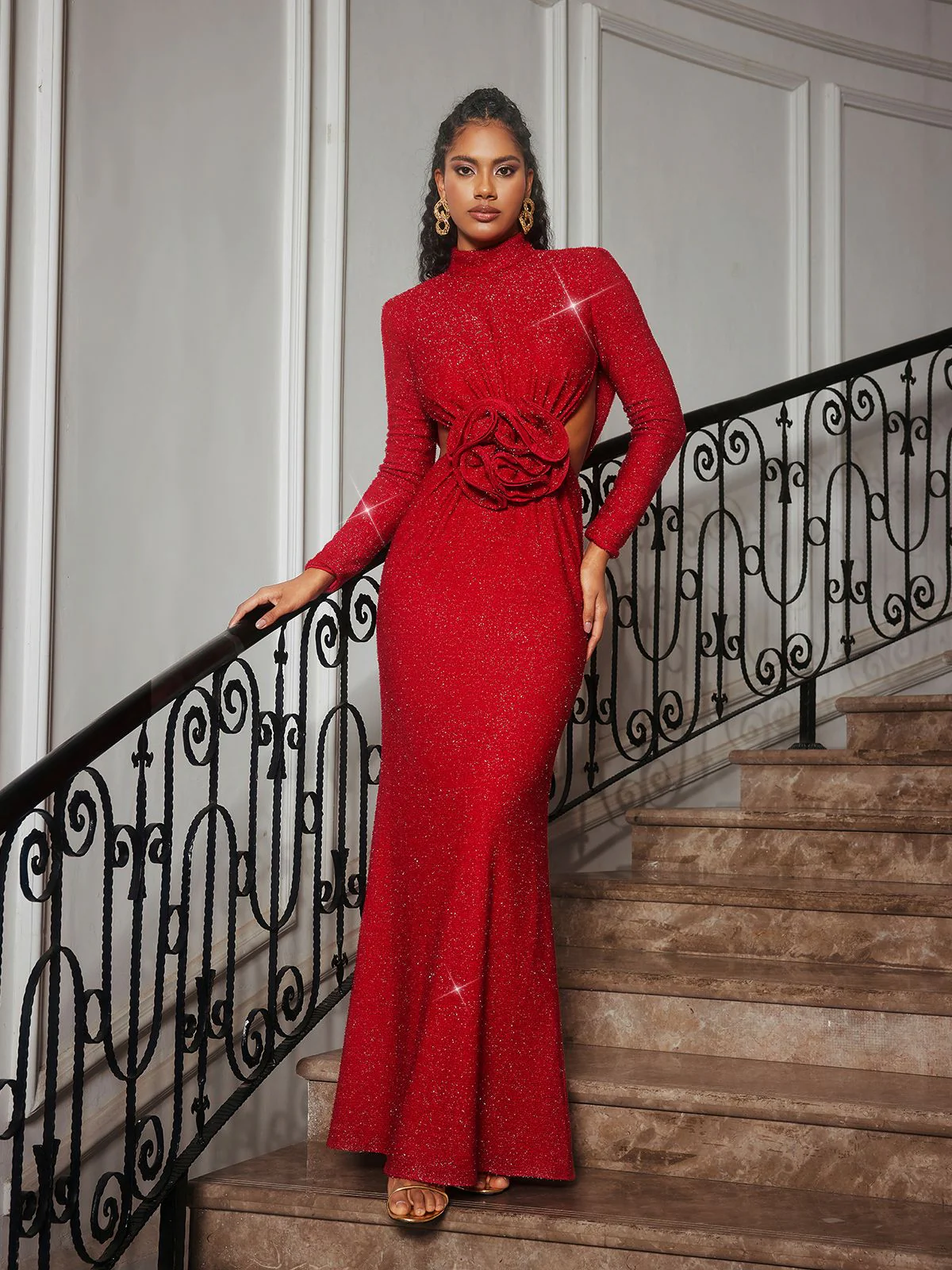 Renwick Long Sleeve Glitter Flower Cutout Dress