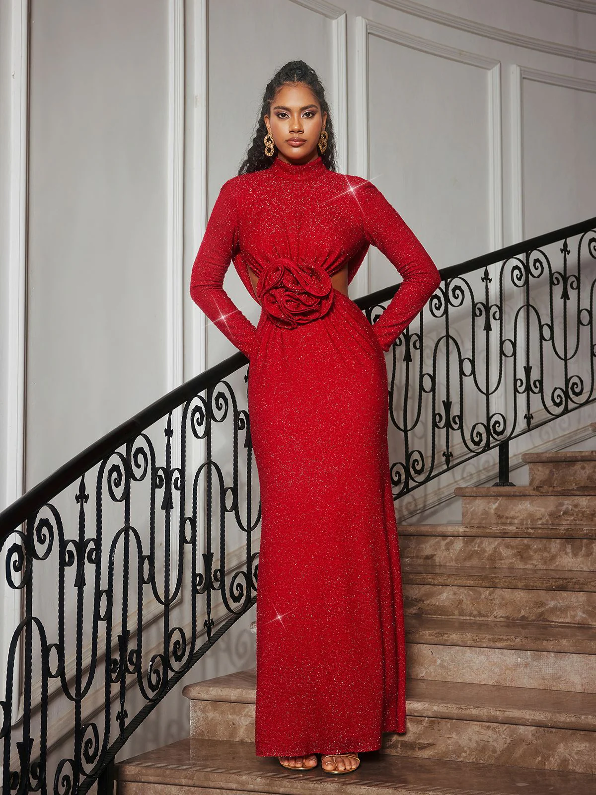 Renwick Long Sleeve Glitter Flower Cutout Dress - Image 3