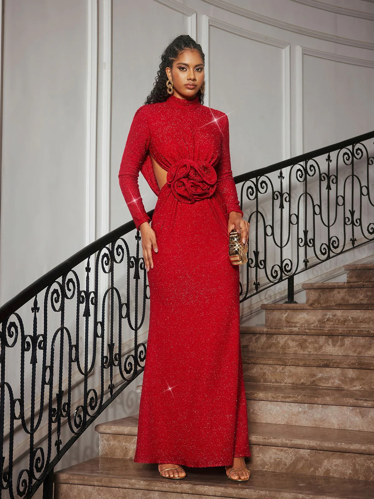 Renwick Long Sleeve Glitter Flower Cutout Dress - Image 5