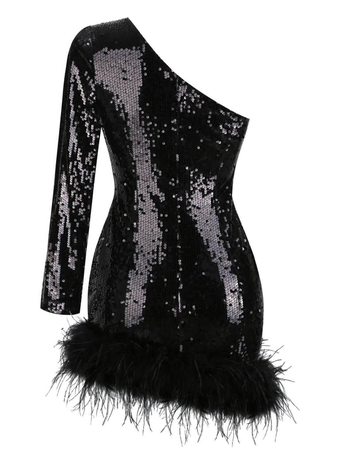 Romy One Shoulder Sequin Feather Mini Dress - Image 7