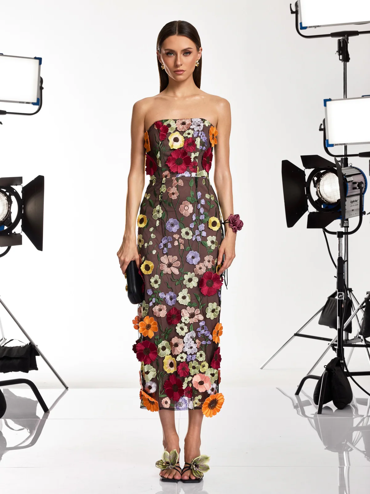 Saige Strapless Mesh Flower Midi Dress In Black - Image 3
