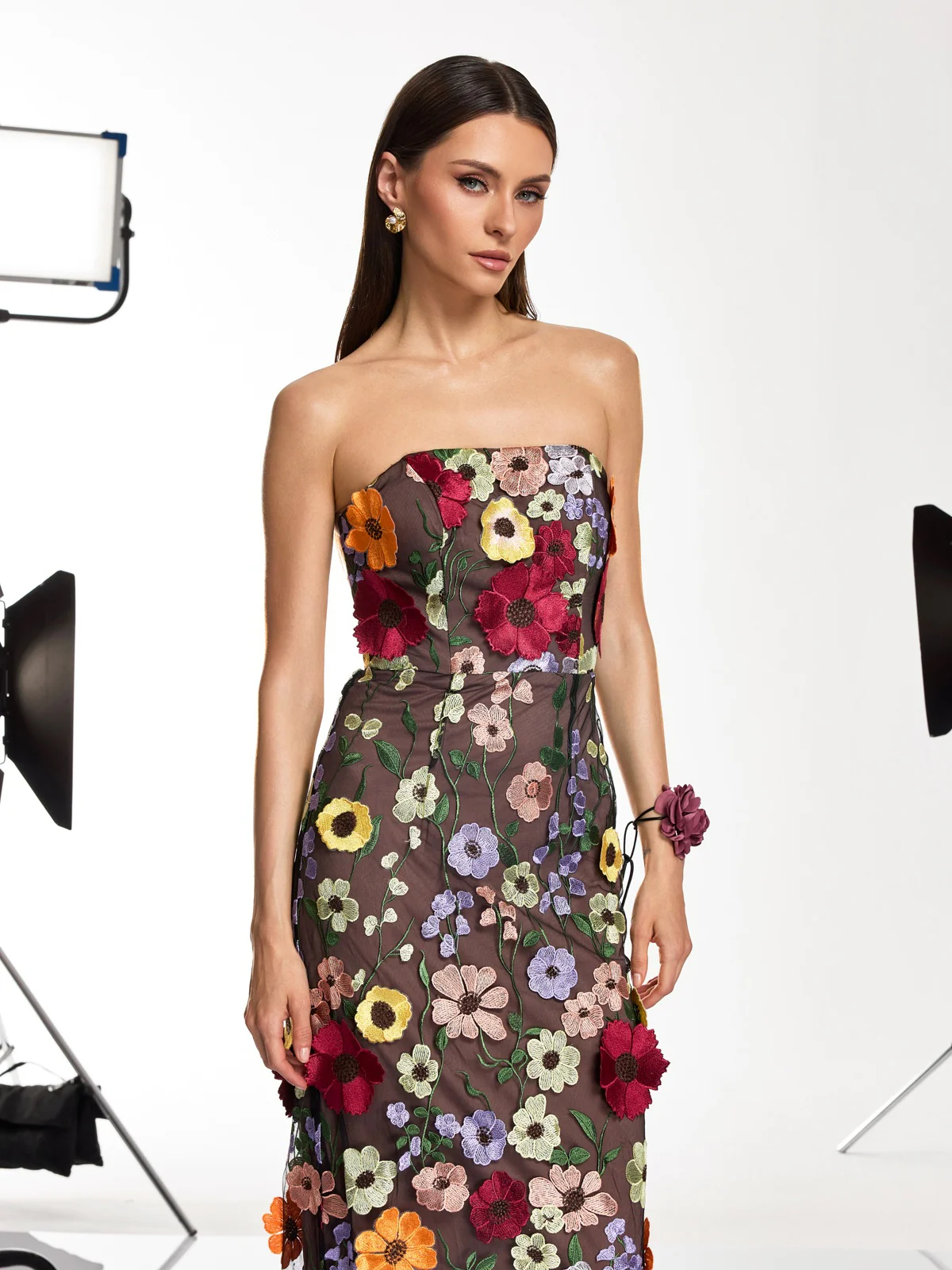 Saige Strapless Mesh Flower Midi Dress In Black - Image 4