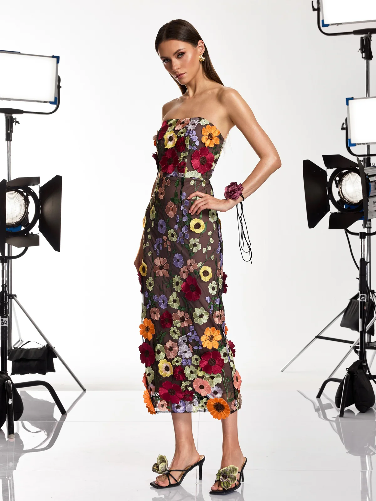 Saige Strapless Mesh Flower Midi Dress In Black - Image 5
