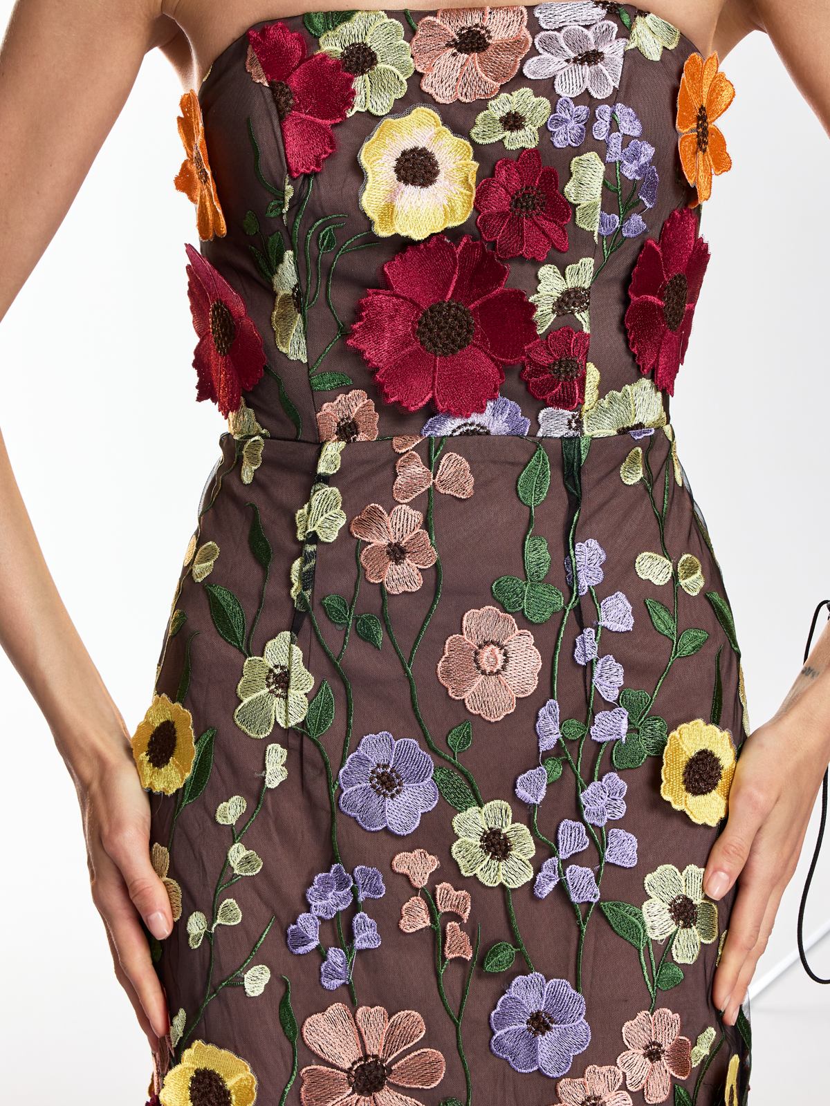 Saige Strapless Mesh Flower Midi Dress In Black - Image 6