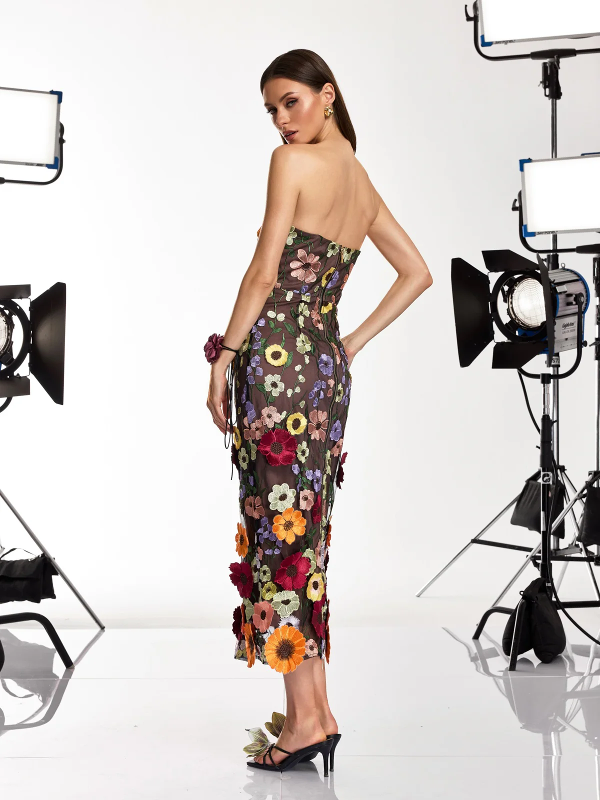 Saige Strapless Mesh Flower Midi Dress In Black - Image 7