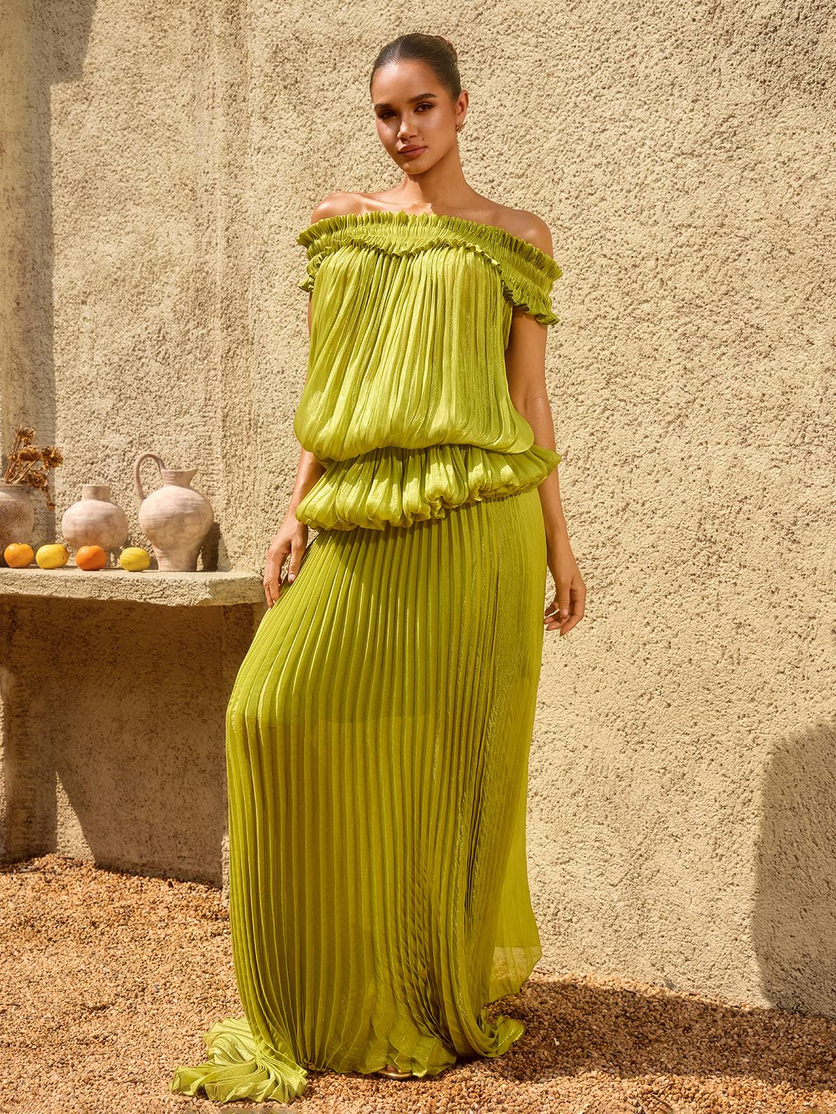 Salyxen Off Shoulder Maxi Skirt Set In Chartreuse - Image 2