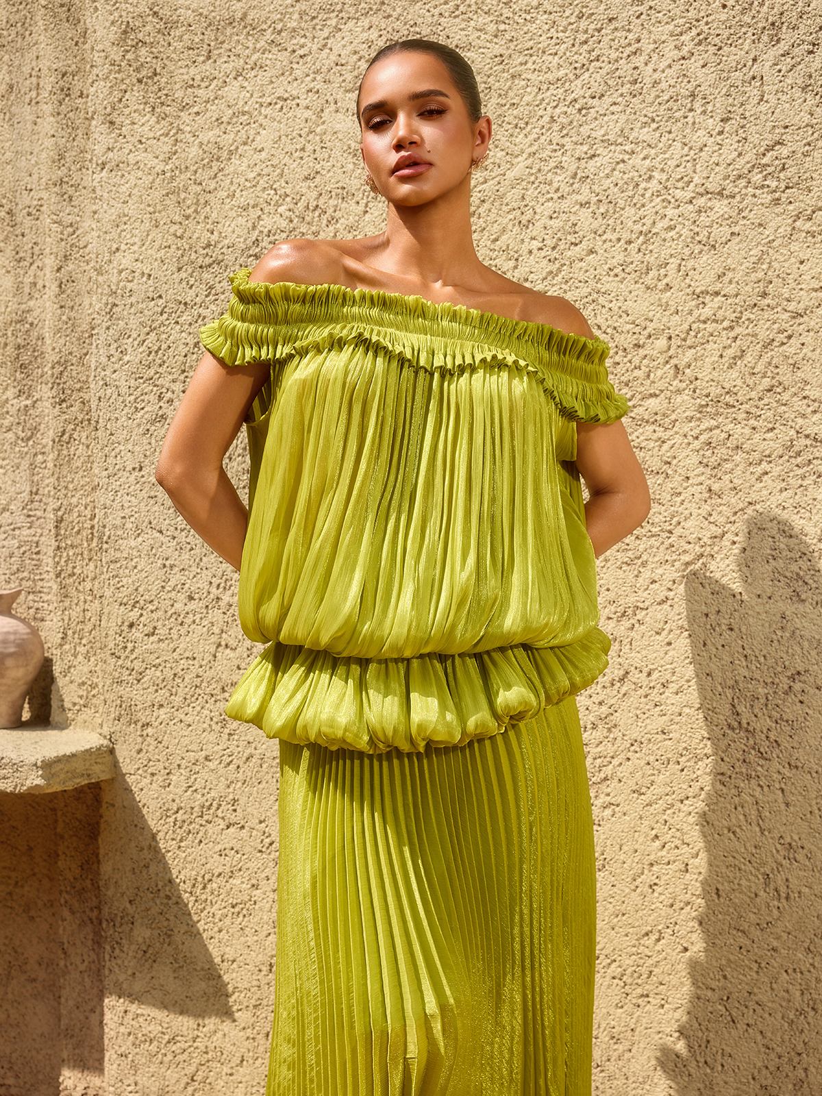 Salyxen Off Shoulder Maxi Skirt Set In Chartreuse - Image 3