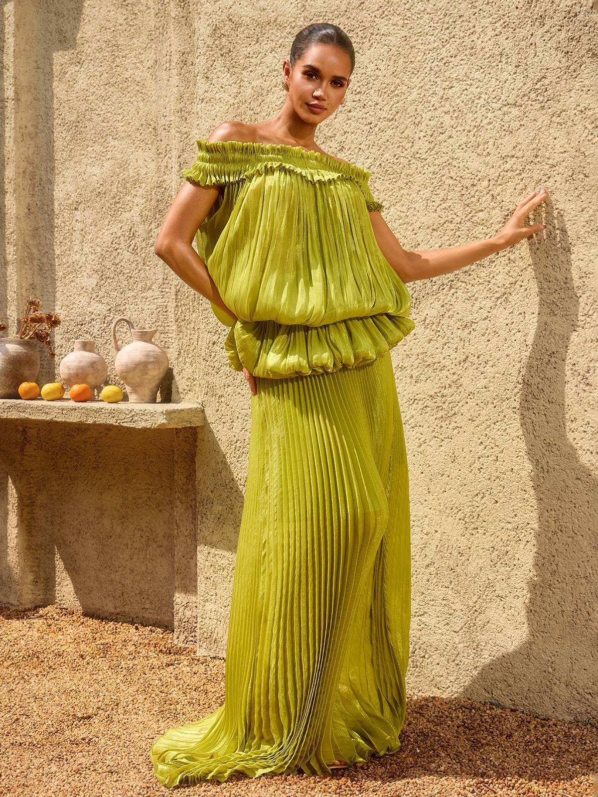 Salyxen Off Shoulder Maxi Skirt Set In Chartreuse - Image 4