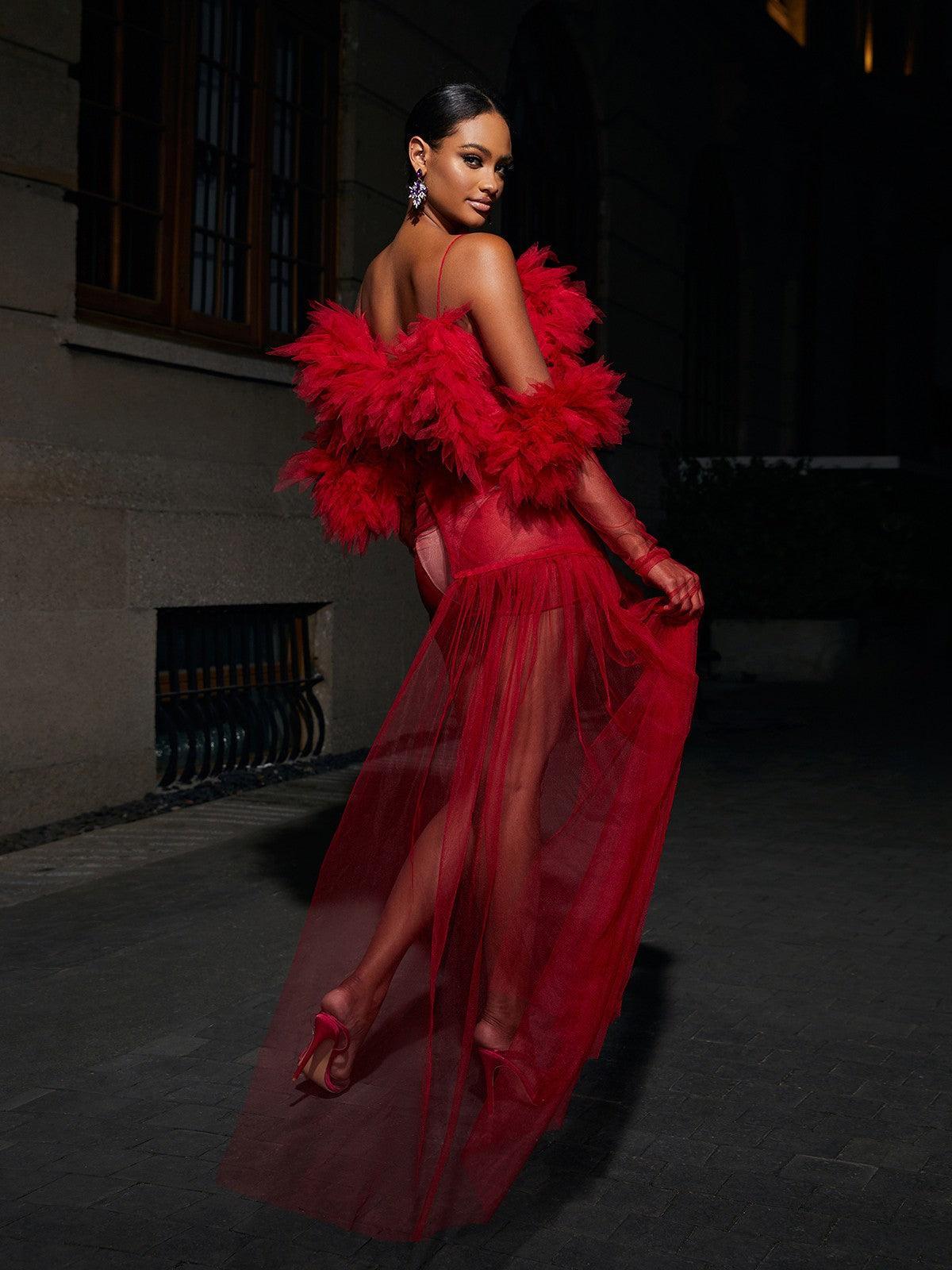 Satine Spaghetti Tulle Maxi Dress With Gloves - Image 6