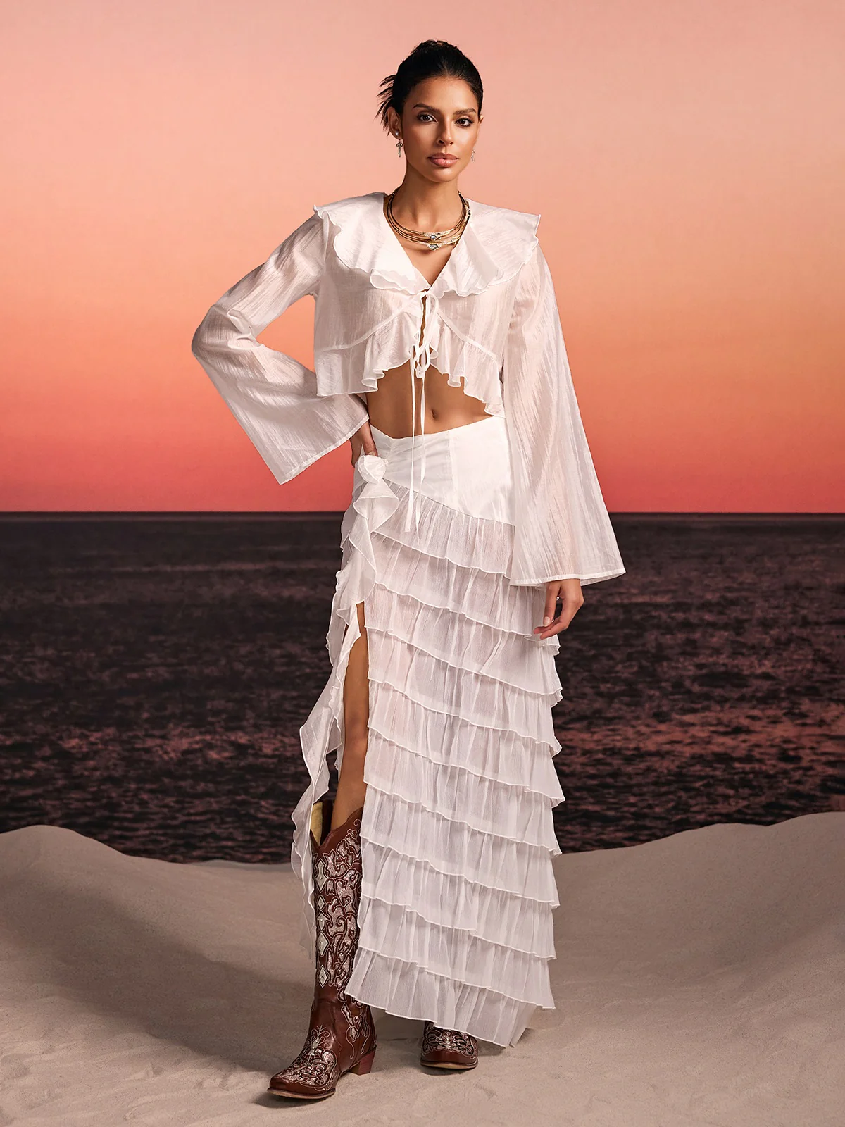 Selvor Ruffle Tiered Split Skirt Set