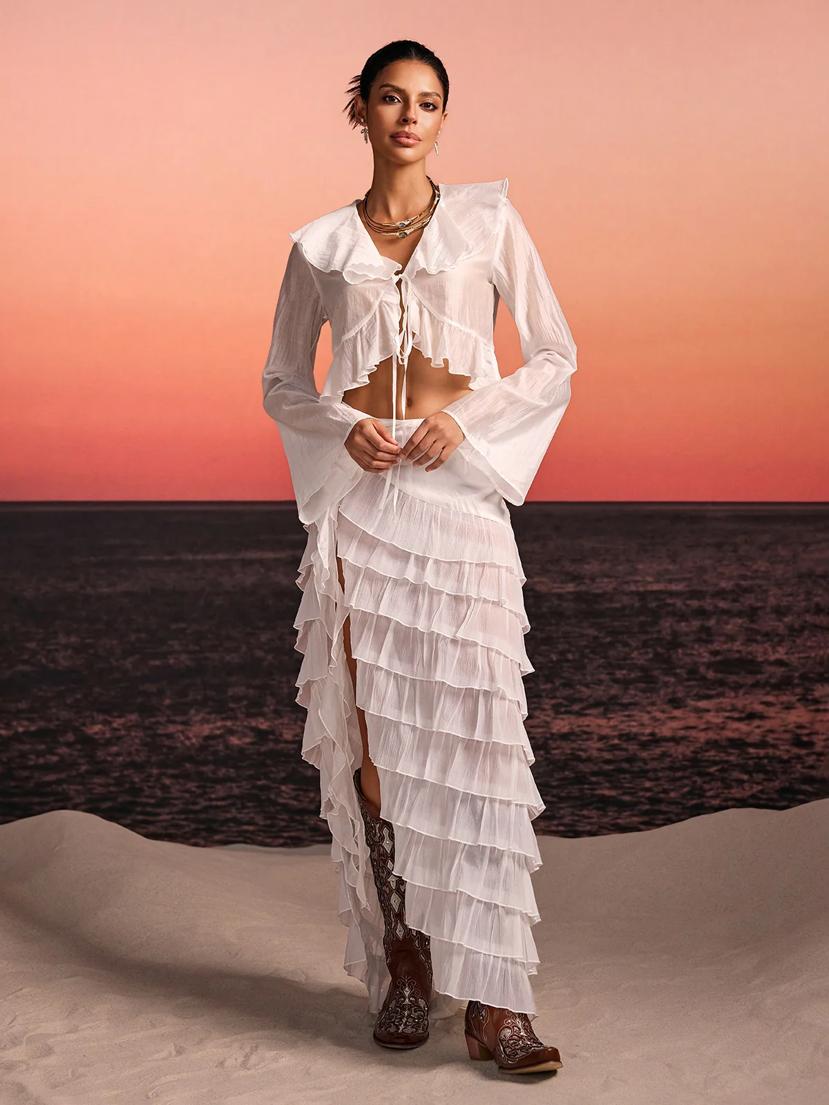 Selvor Ruffle Tiered Split Skirt Set - Image 3