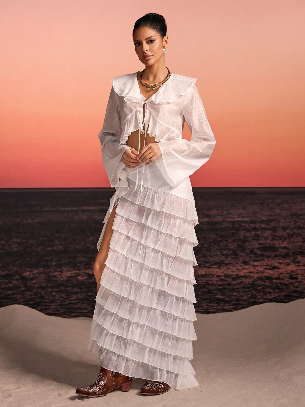Selvor Ruffle Tiered Split Skirt Set - Image 4