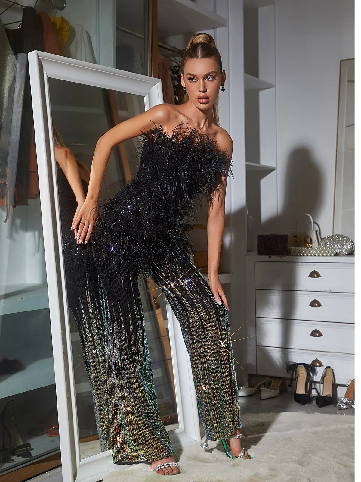 Shiva Ombre Feather Sequin Jumpsuit - Image 4