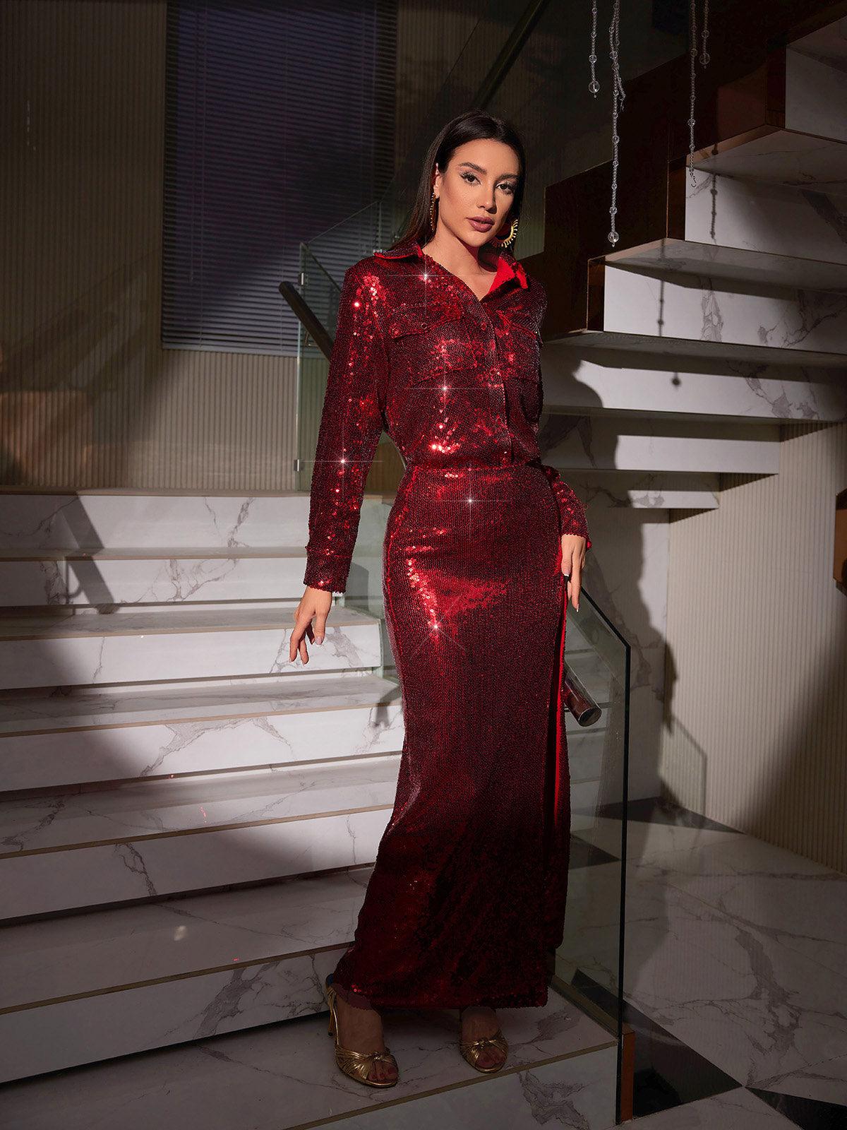 Solstice Sequin Button Shirt Split Skirt Set In Red - Image 3