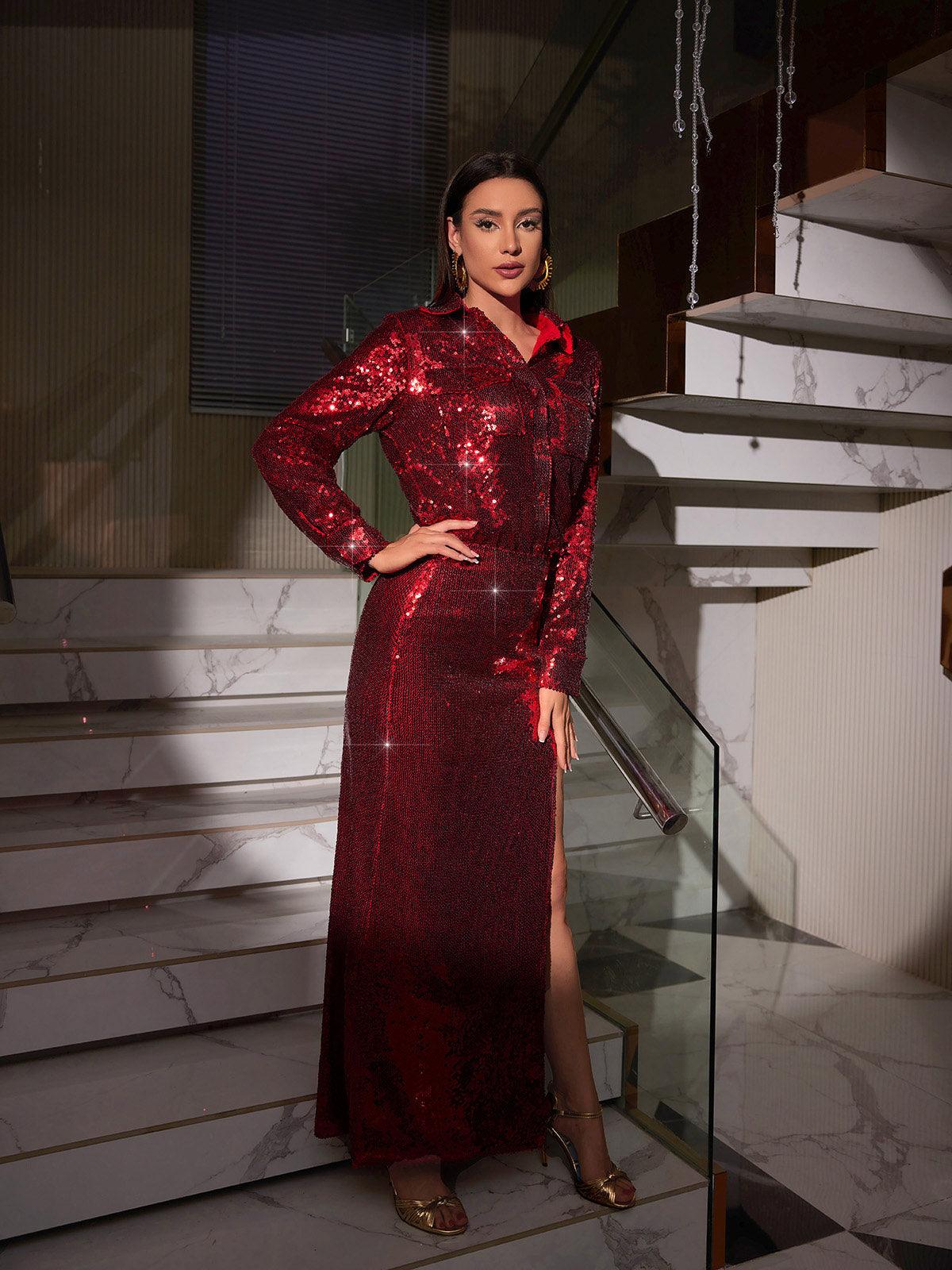 Solstice Sequin Button Shirt Split Skirt Set In Red - Image 4