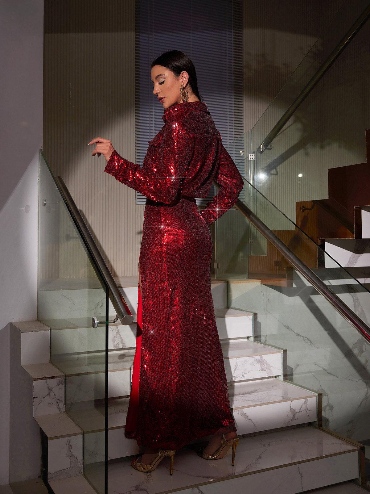 Solstice Sequin Button Shirt Split Skirt Set In Red - Image 6