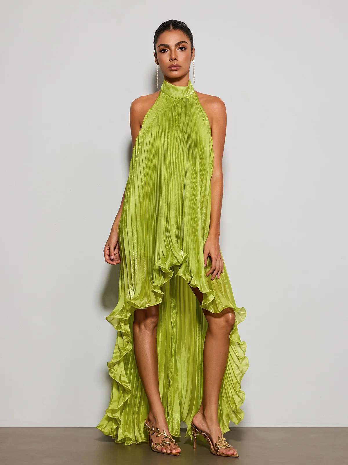 Sorynex High Neck Pleated Metallic Dress In Chartreuse