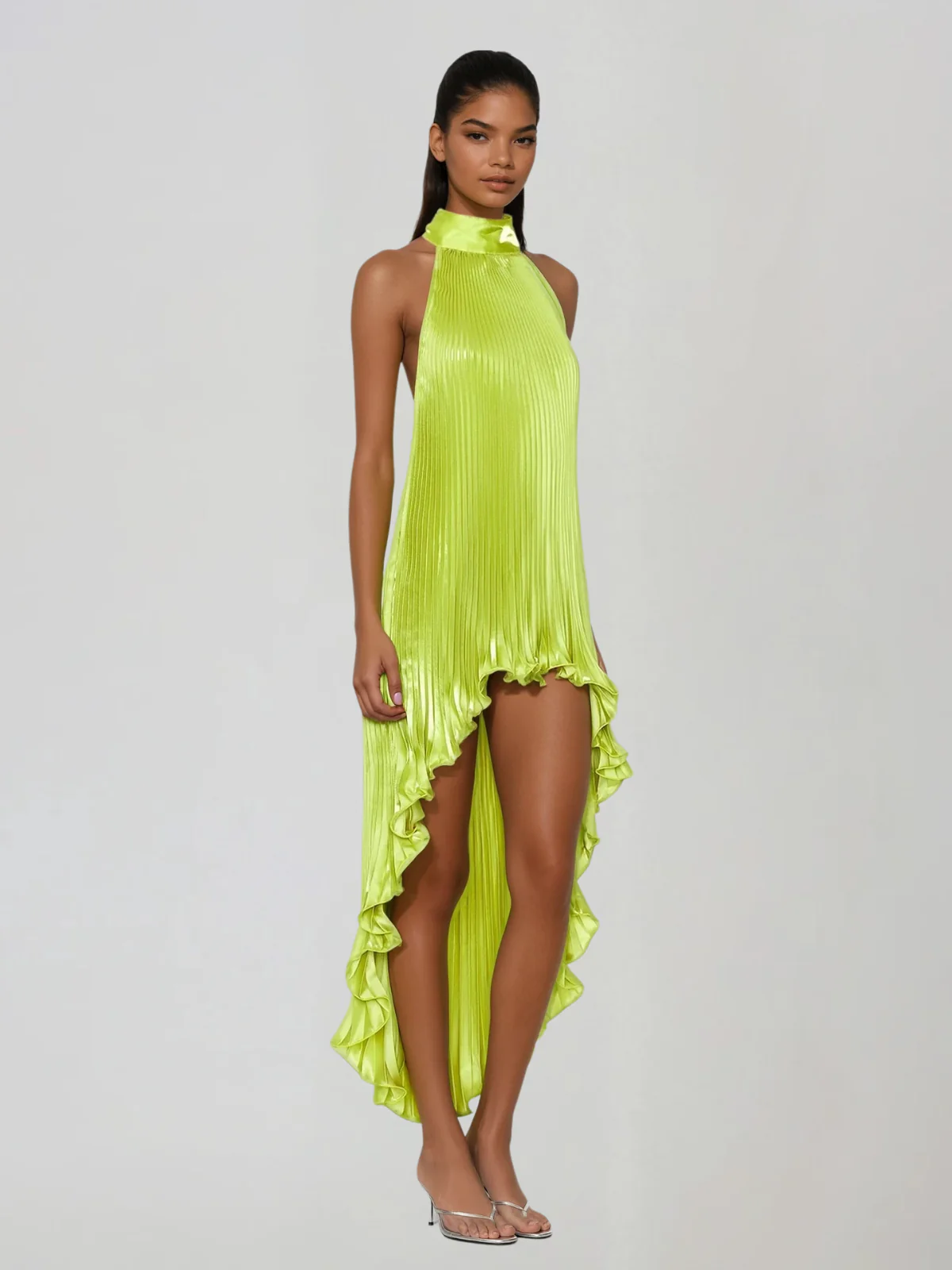 Sorynex High Neck Pleated Metallic Dress In Chartreuse - Image 2
