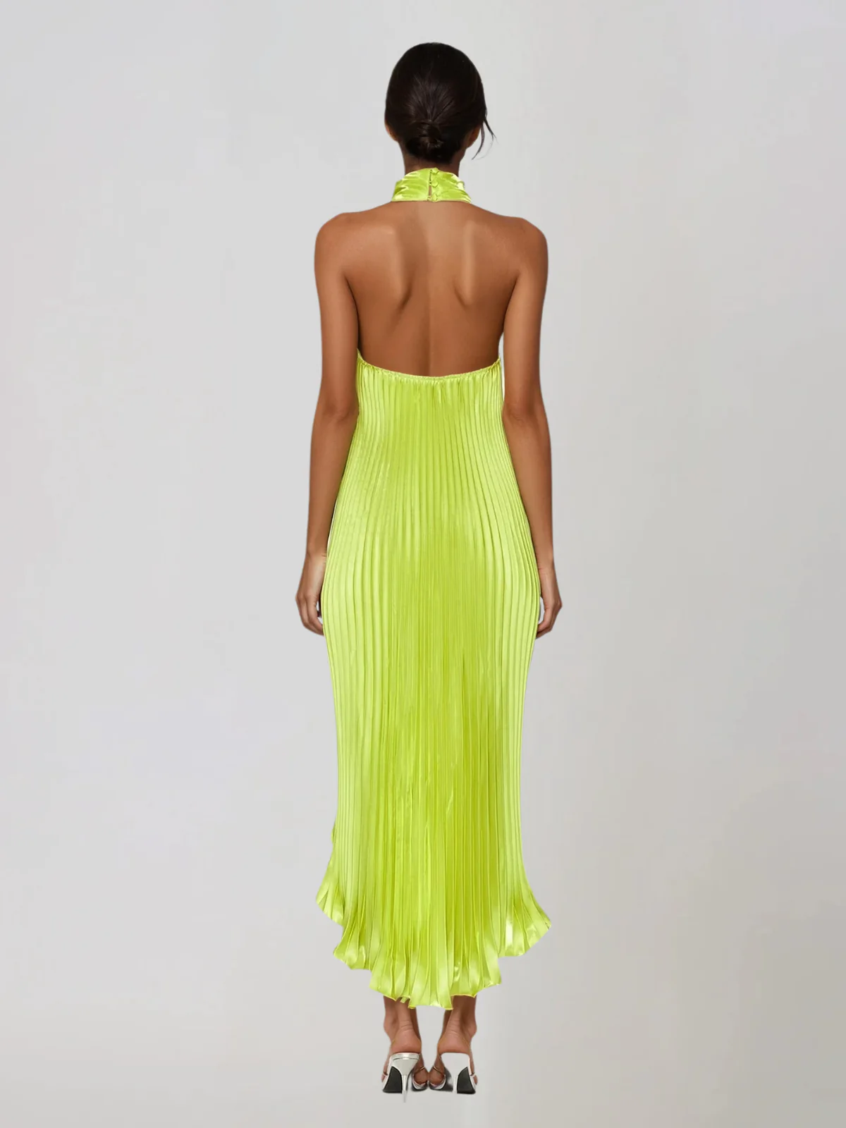 Sorynex High Neck Pleated Metallic Dress In Chartreuse - Image 3