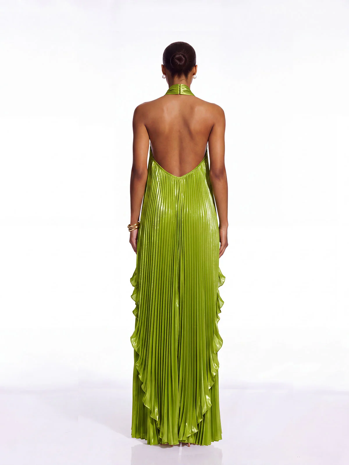 Sorynex Pleated Metallic Maxi Dress In Chartreuse - Image 4