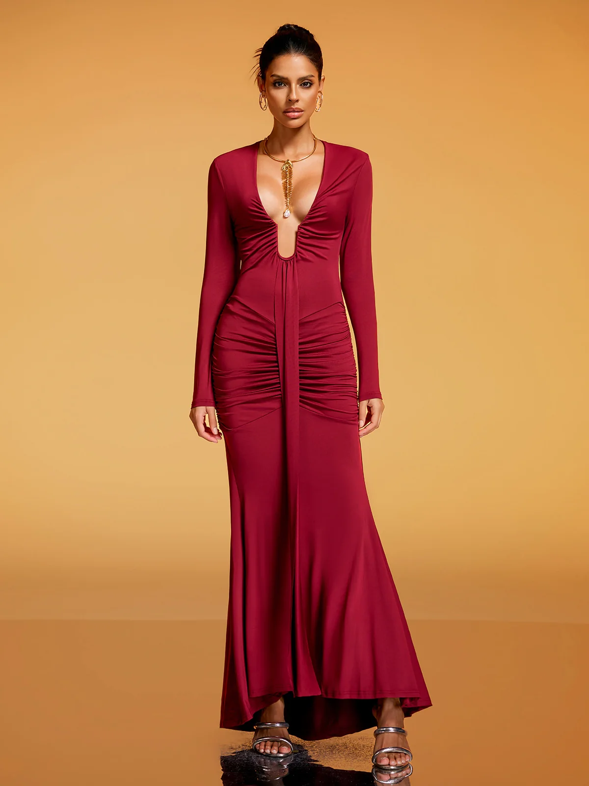 Soval Long Sleeve Draped Maxi Dress