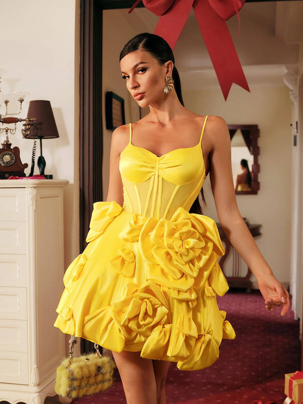 Stanski Spaghetti Flower Satin Mini Dress - Image 4