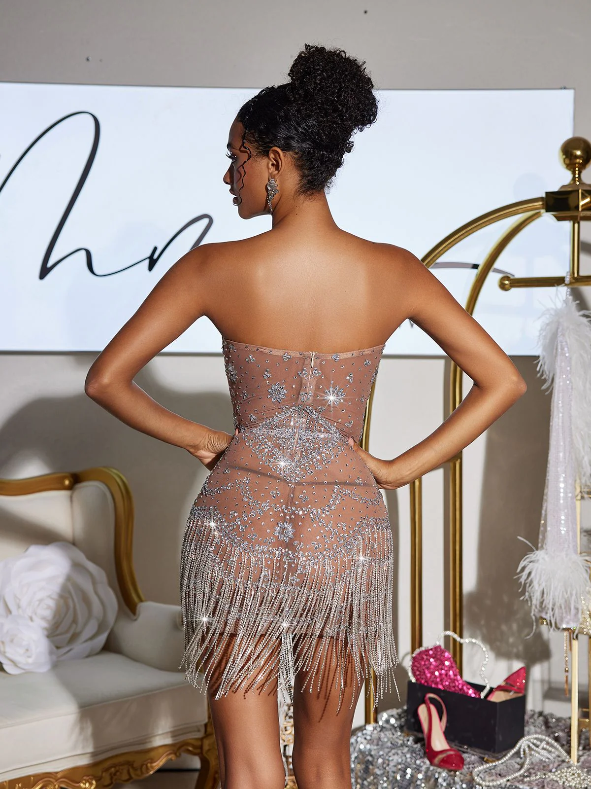 Stragaz Strapless Crystal Chain Fringe Mini Dress - Image 6