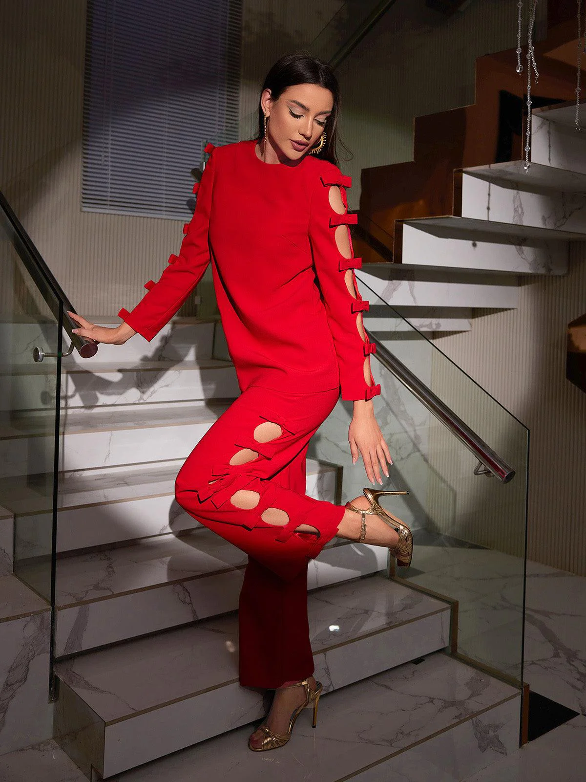Sunni Long Sleeve Bow Cutout Pants Set - Image 2
